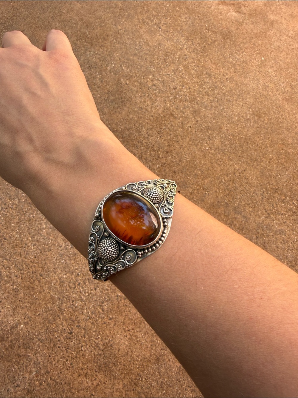 925 Silver vintage Amber Cuff Bracelet - Brown Amber
